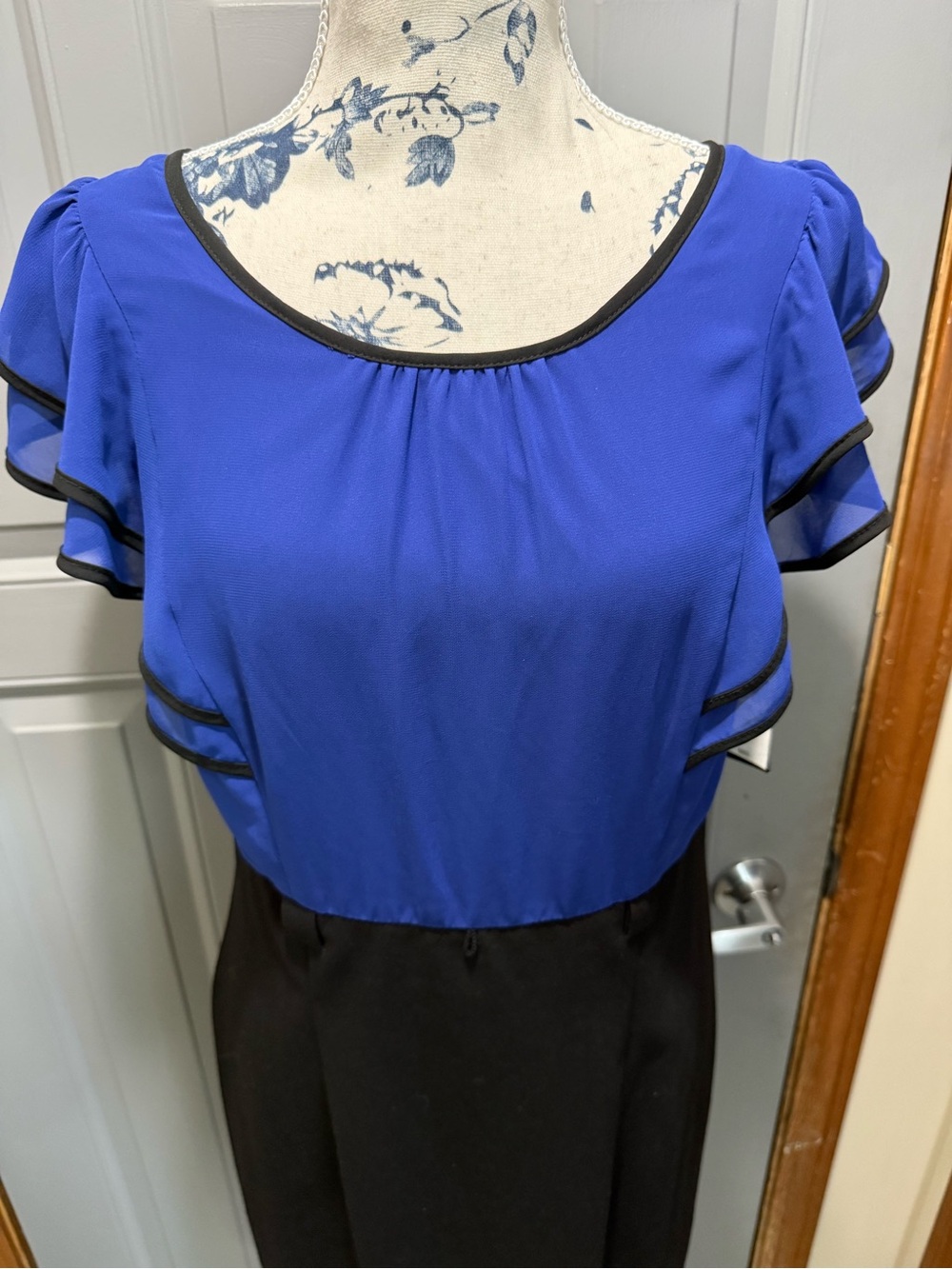 Alyx Royal Blue Flutter Sleeve Blouse with Black Trim (8) -NWT